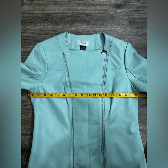 $445 Neiman Marcus Women's Green Leather Zip-Front Moto Coat Jacket Size M - Picture 14 of 16